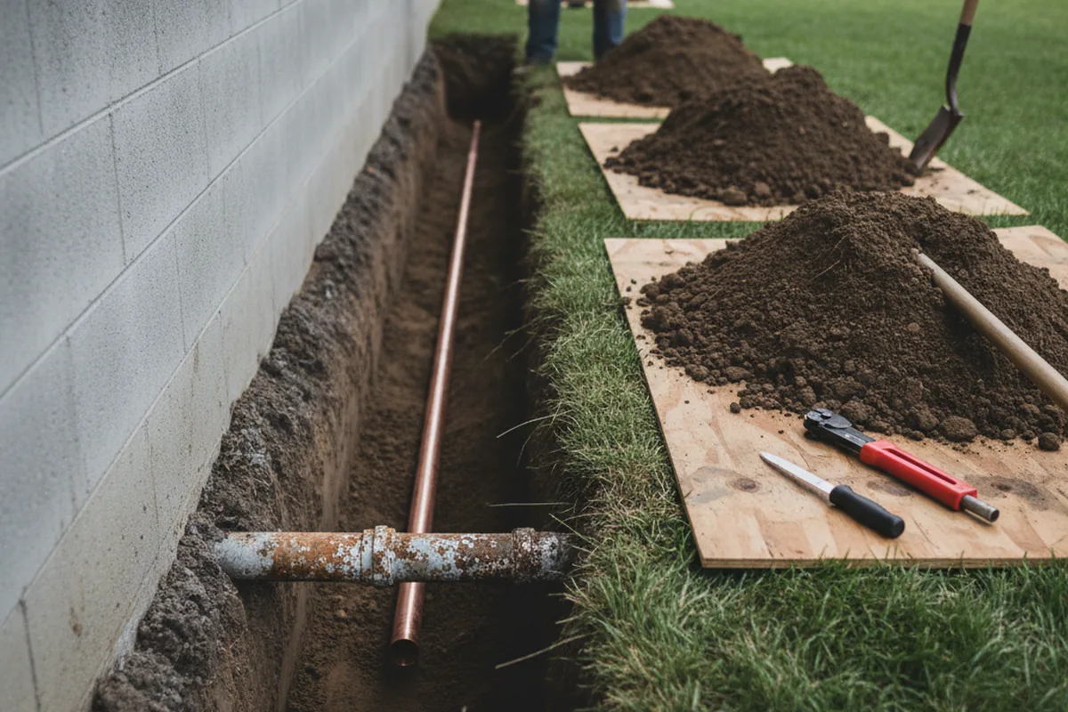 Excavated water line trench during Water Softener Installation in Euless
